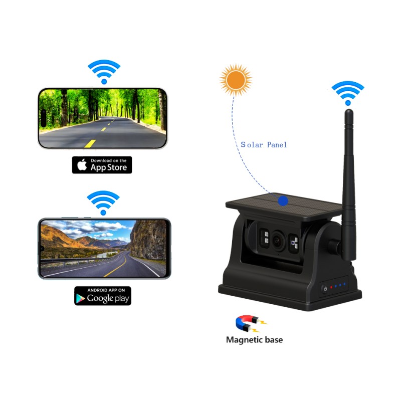 1080P WiFi ワイヤレス リアビュー カメラ Android iOS 用、ソーラー充電および磁気マウント付き