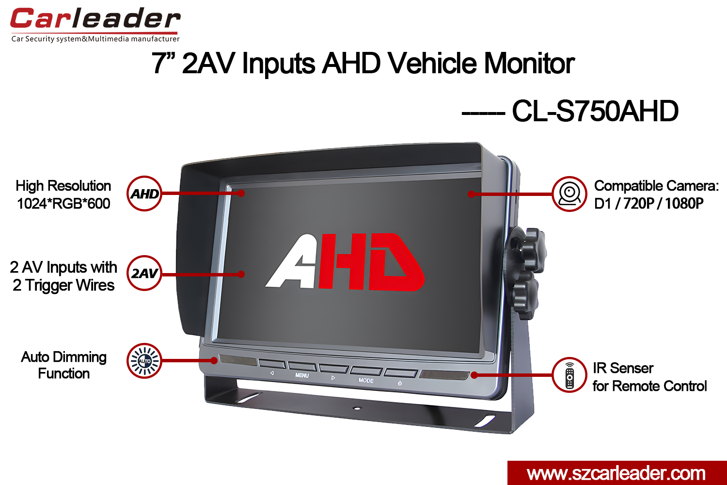 7 インチ TFT LCD カーリアビュー AHD モニター