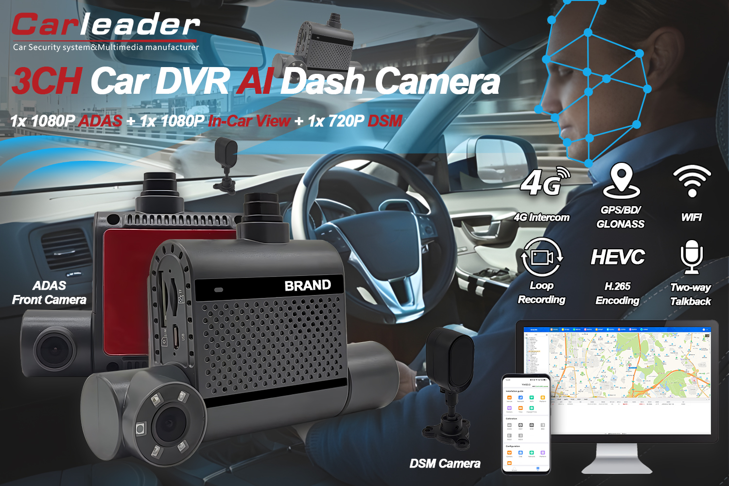 ADAS および DSM を備えた 4G デュアル AI ダッシュ カメラ